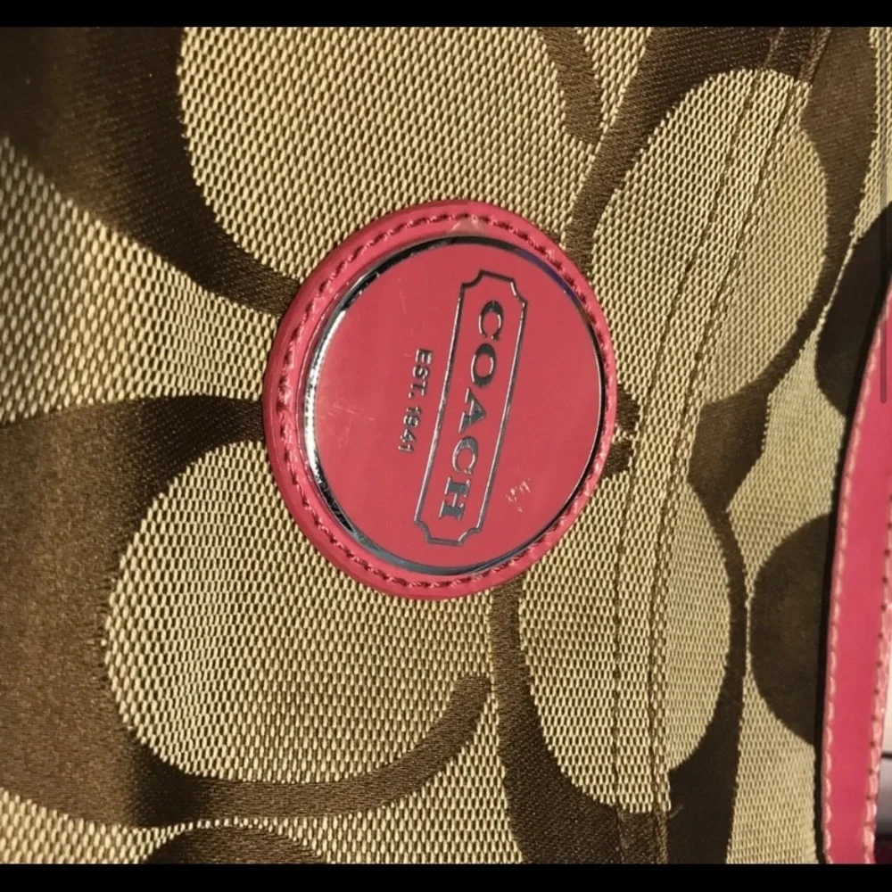 Coach Signature Multifunction Diaper Pink/Khaki Canvas/Patent Leather Diaper Bag